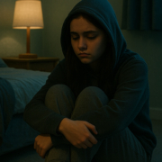 Depressed teen girl sitting on floor with hoodie up