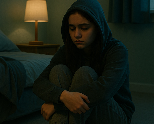 Depressed teen girl sitting on floor with hoodie up